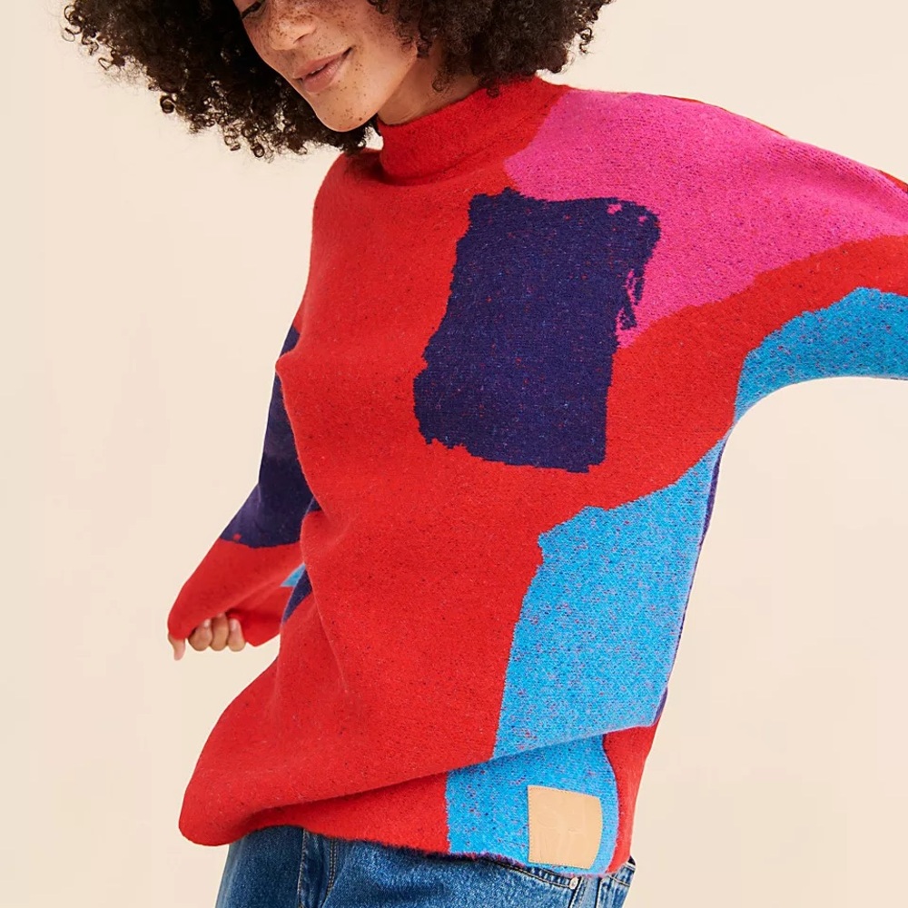 Free People Colorblock Red Pink Blue Sweater